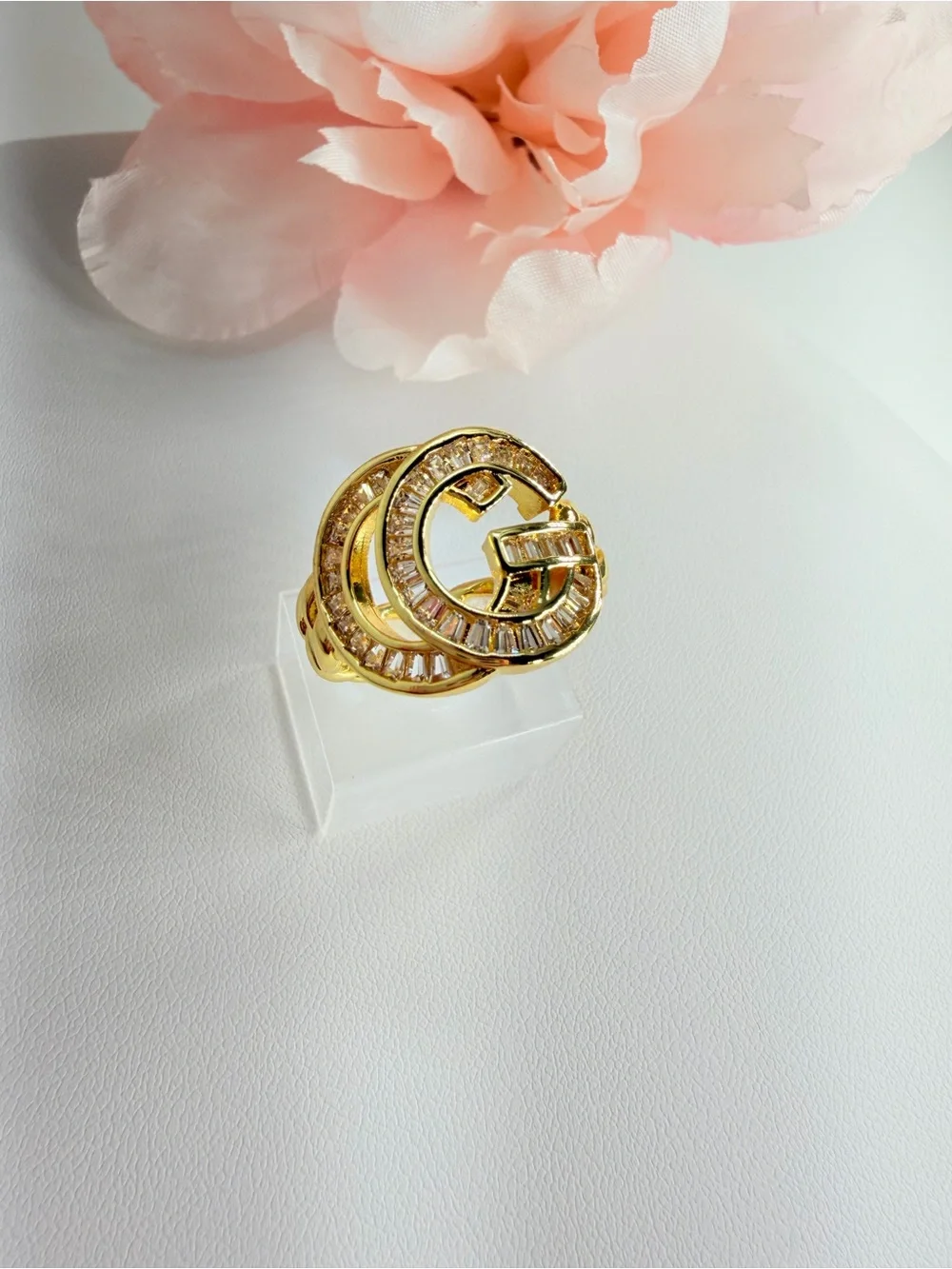 Stainless steel Gold Crystal Circle Statement Ring - Women Jewelry